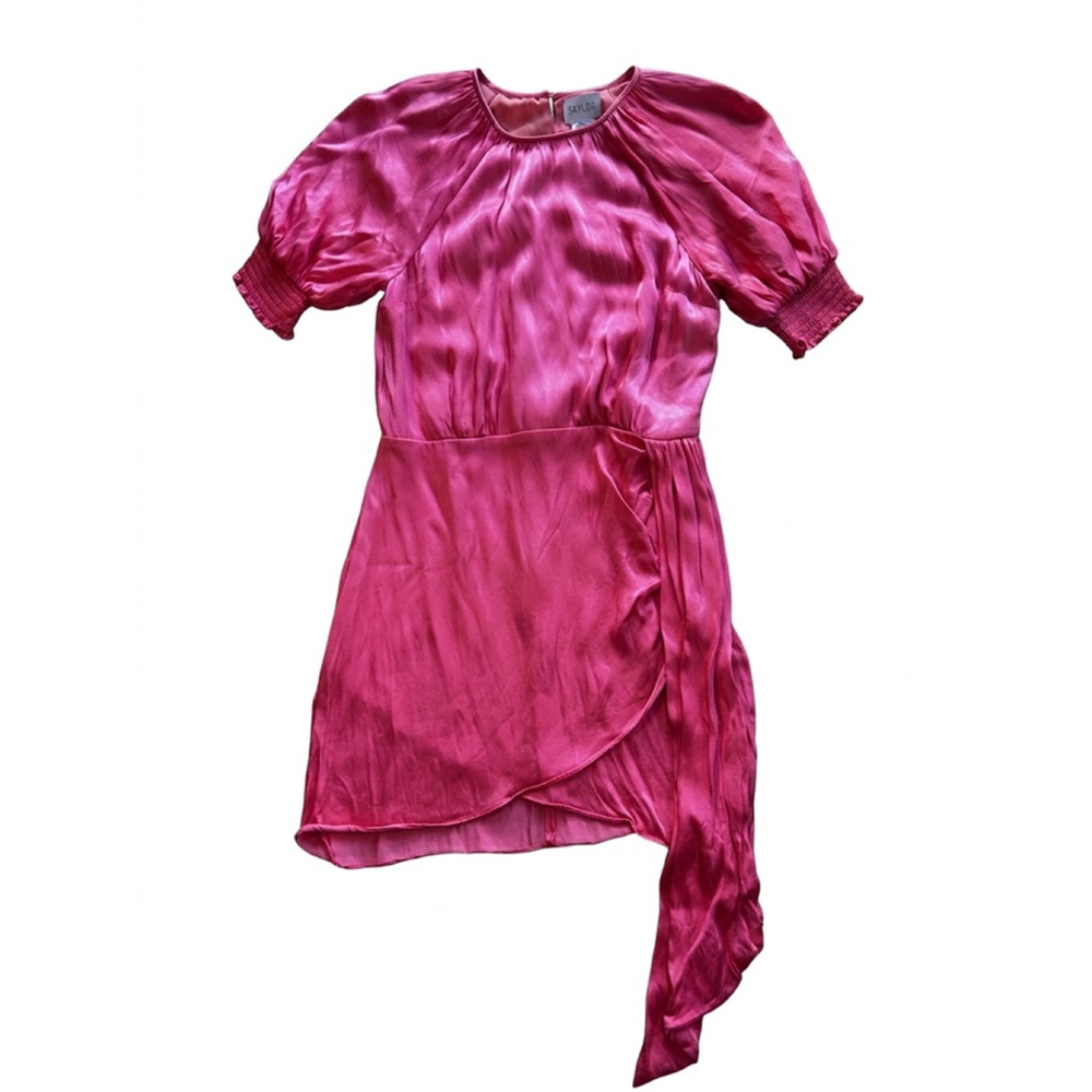 Saylor Pink Satin Wrap Dress | Puff Sleeve Draped Dress | Size M